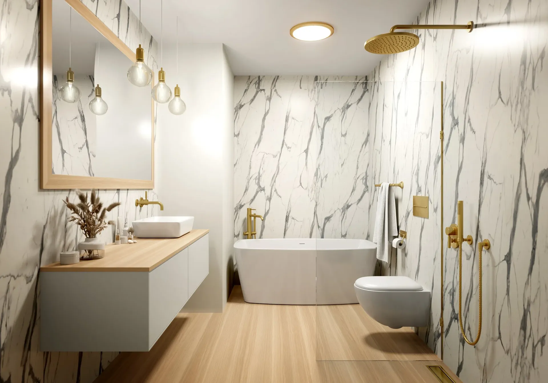 A bathroom with white and gray marble patterned walls, natural wood floor and countertop, large white soaking tub, and walk-in shower with gold fixtures.