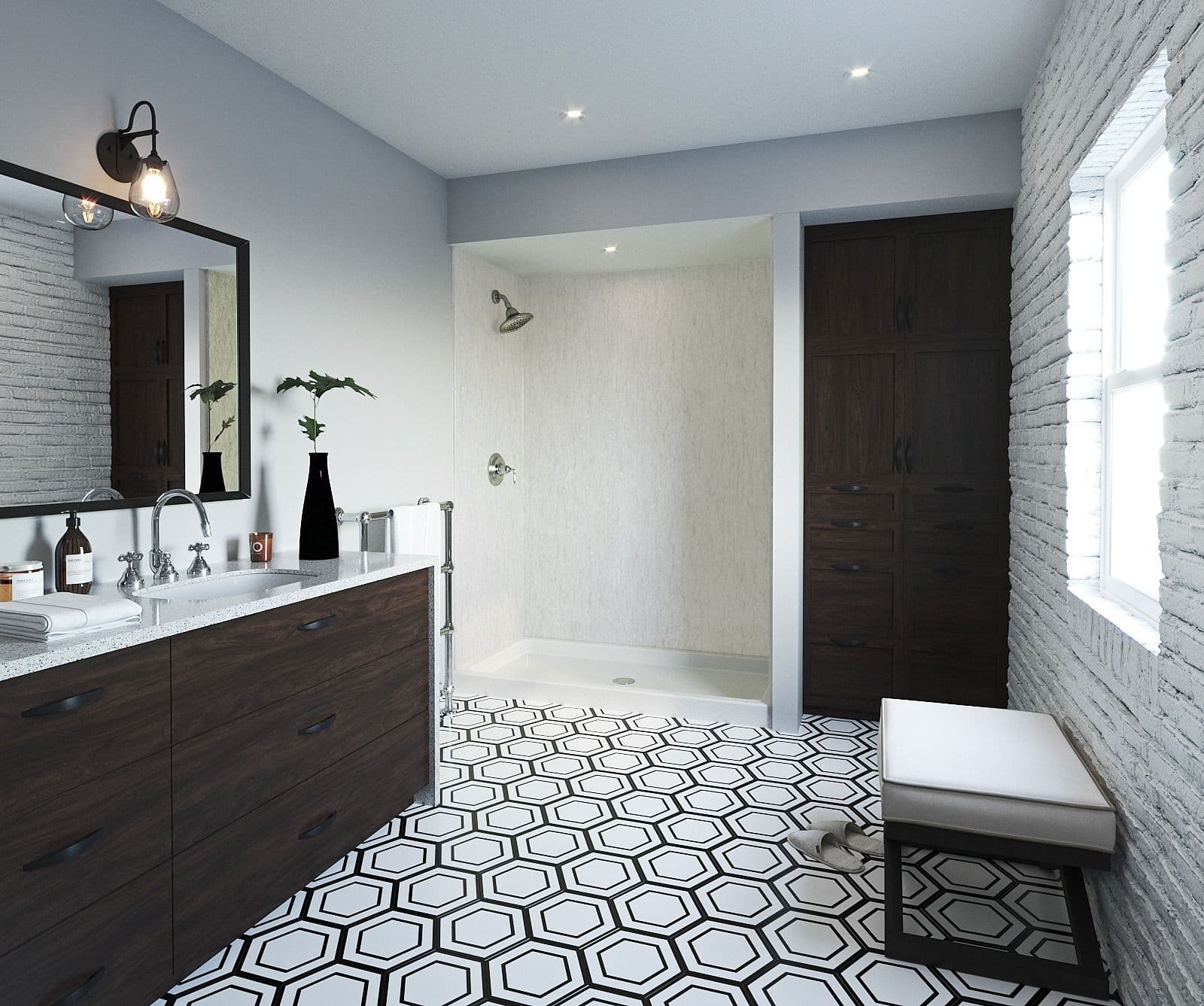 A light gray bathroom with deep brown cabinets and door, white countertops, hexagonal geometric pattern tile floor, and walk-in shower.