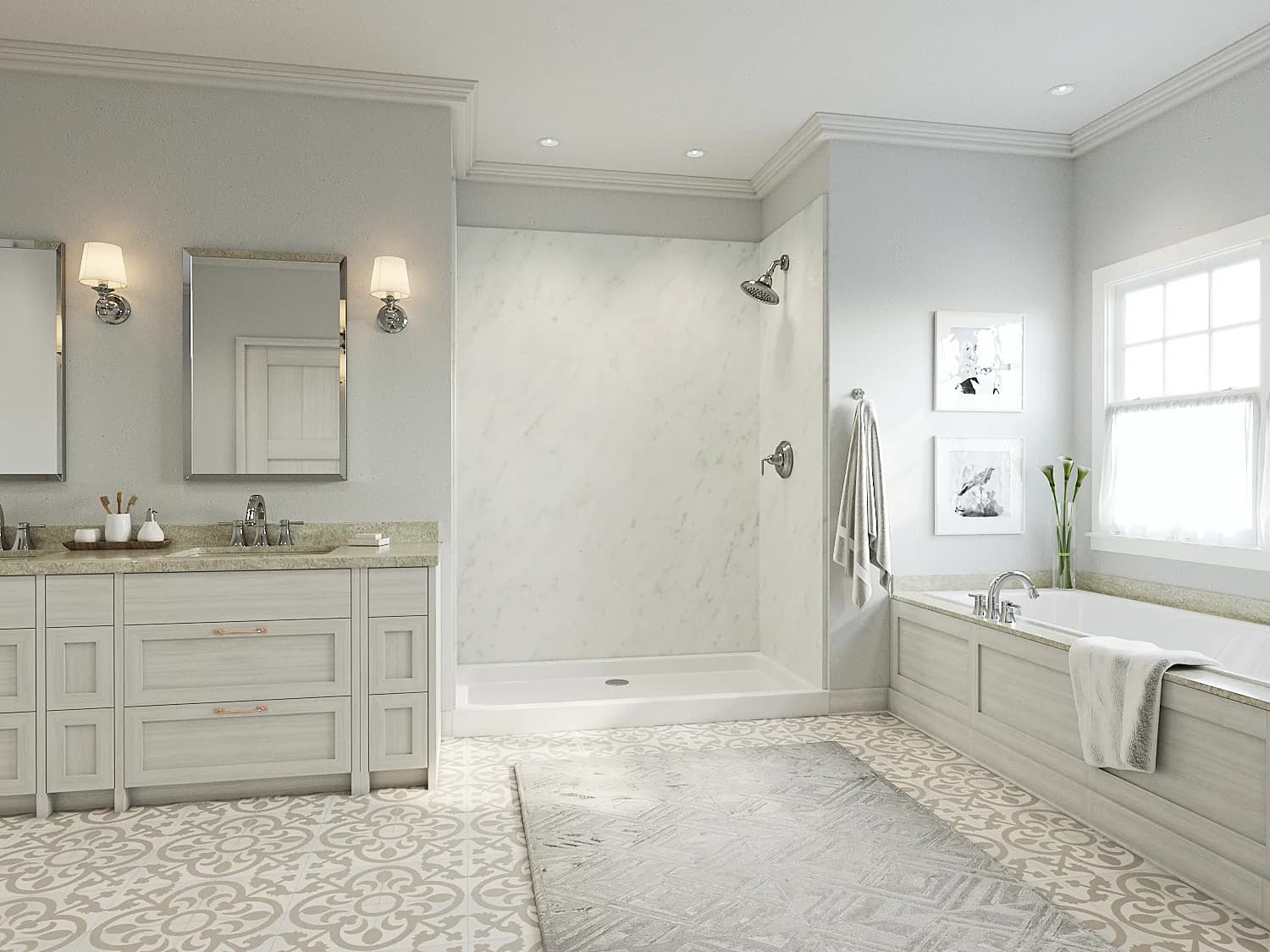 A light gray bathroom with a step-in shower with white marbled walls and brushed steel fixtures and a large soaking bathtub to the right next to a window.