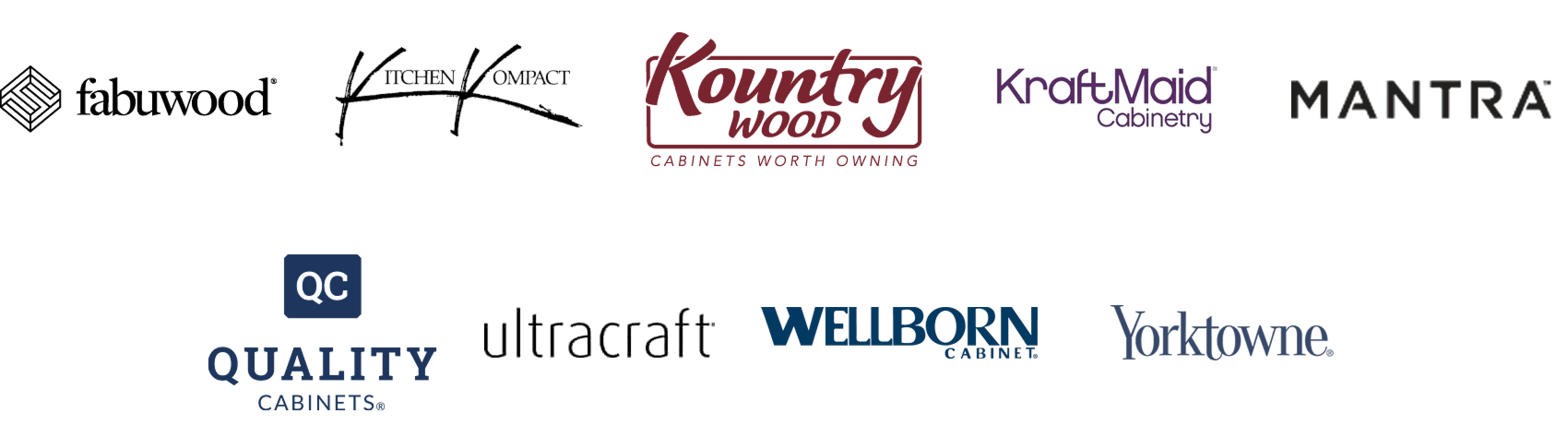 Logos for Fabuwood, Kitchen Kompact, Kountry Wood, KraftMaid Cabinetry, Mantra, Quality Cabinets, Ultracraft, Wellborn Cabinets, and Yorktowne.