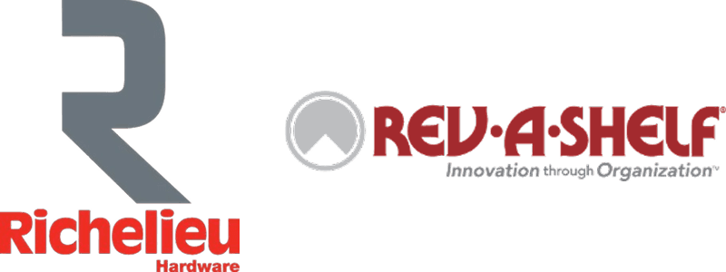 Logos for Richelieu Hardware and Rev-a-Shelf.