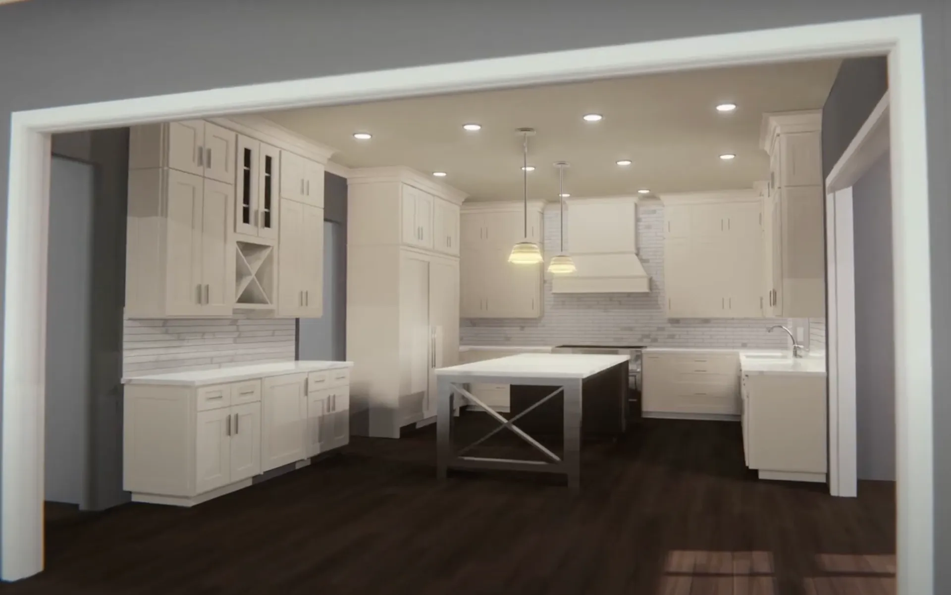 A 3D rendering of a gray kitchen with white cabinets and white tile backsplash.