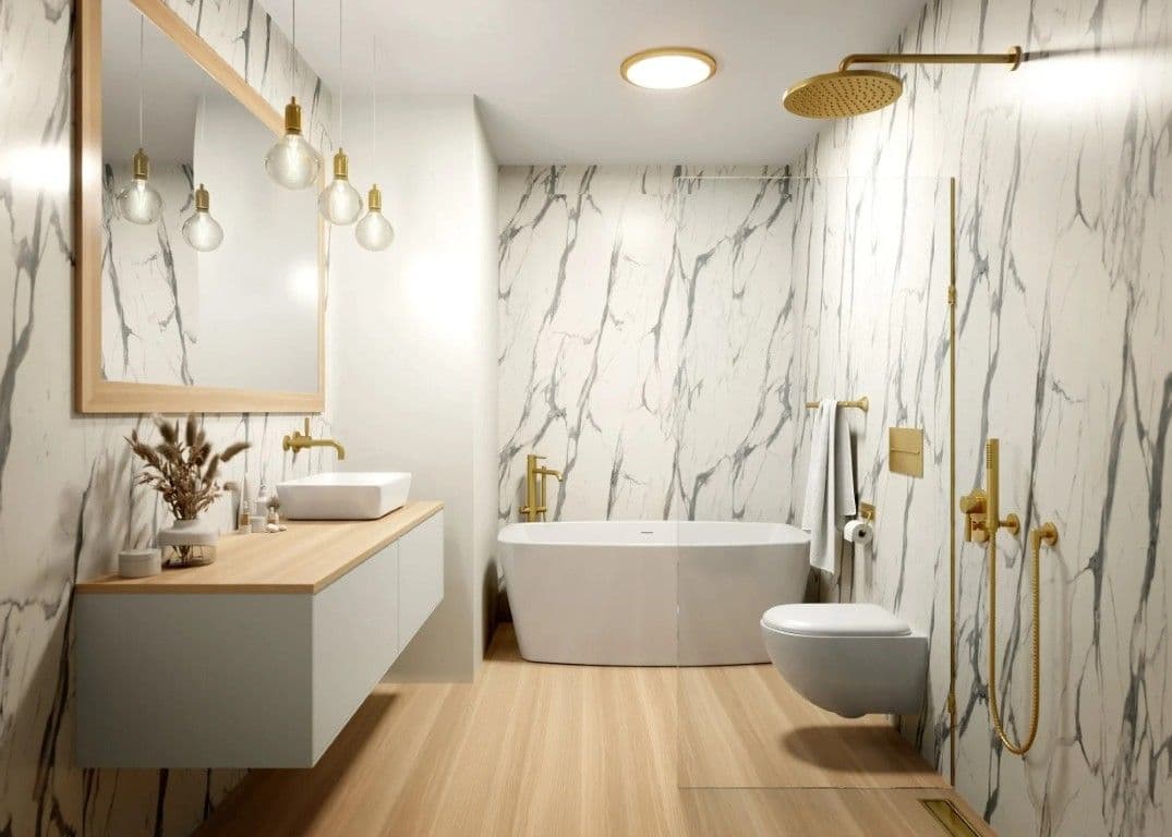 A bathroom with white and gray marble patterned walls, natural wood floor and countertop, large white soaking tub, and walk-in shower with gold fixtures.